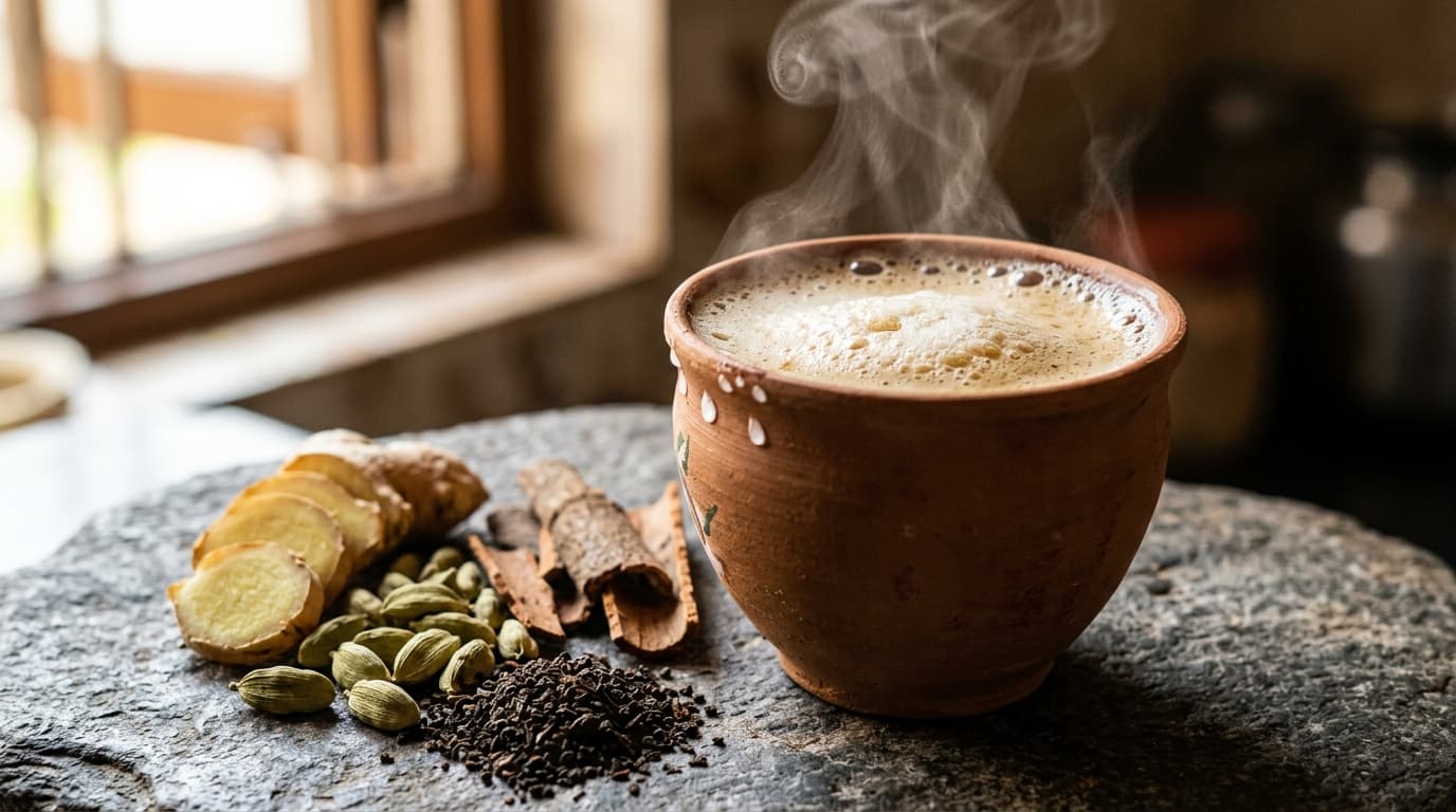 Hot steaming masala chai in an authentic earthenware kulhad with sliced ginger and cardamom pods
