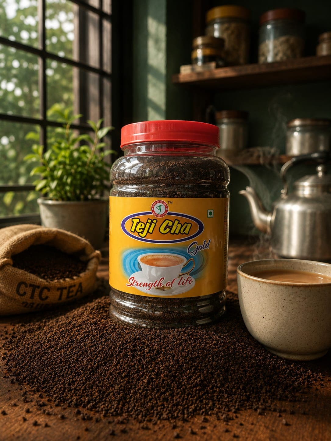 Authentic Teji Cha tea packaging with freshly brewed steaming chai and CTC tea granules